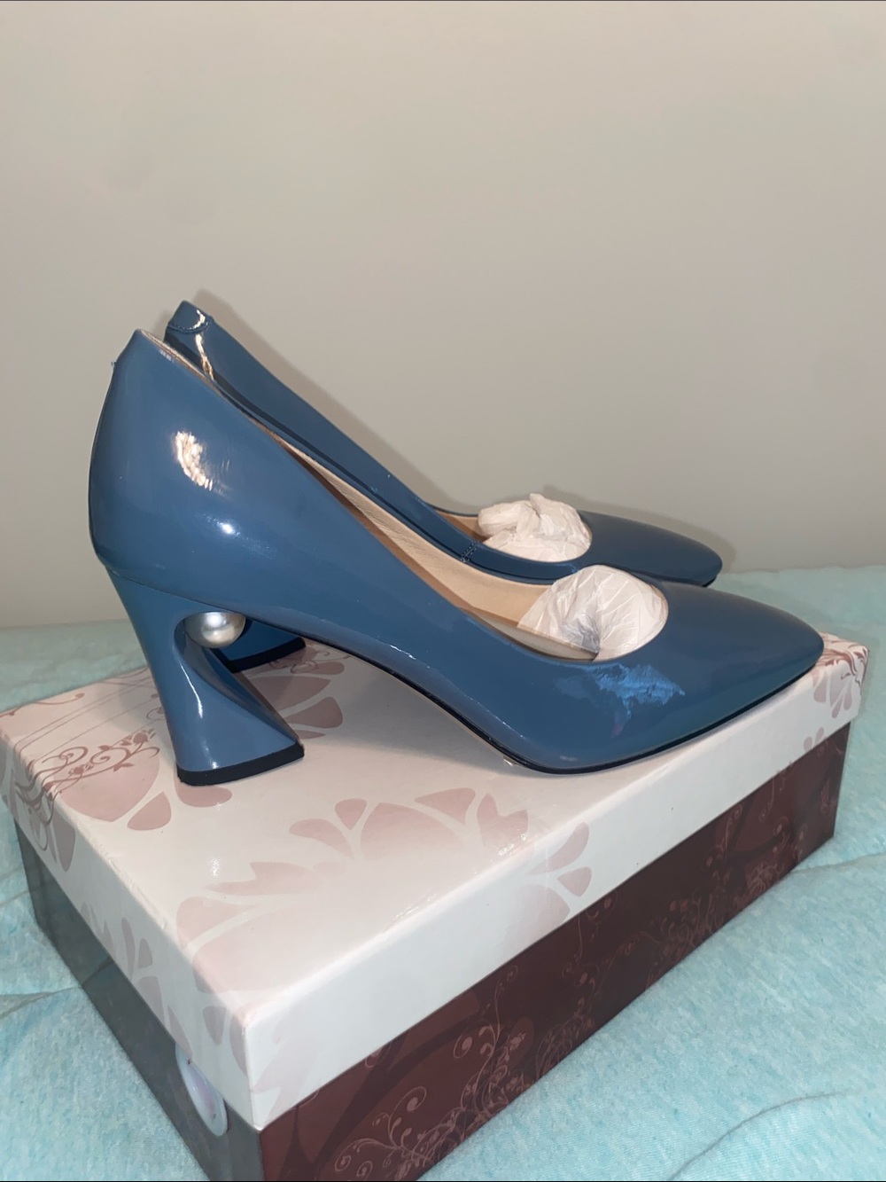 Blue Patent Pumps with Pearl Detail